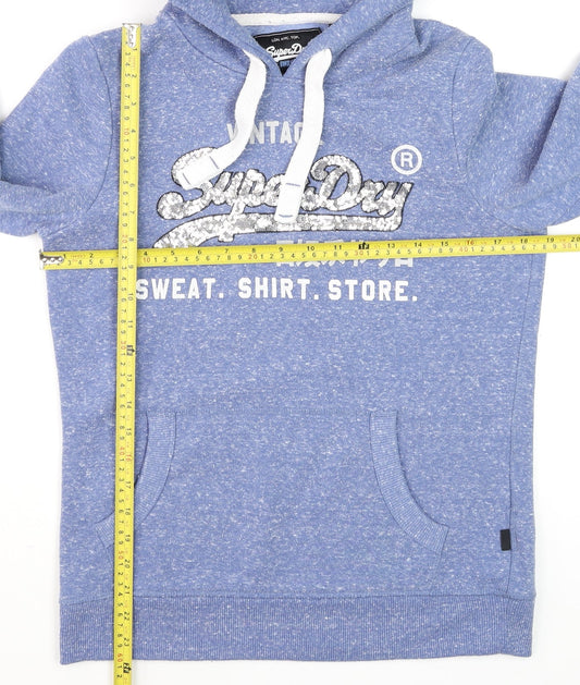 Superdry Women Blue Sequin Logo Pullover Hoodie UK 12