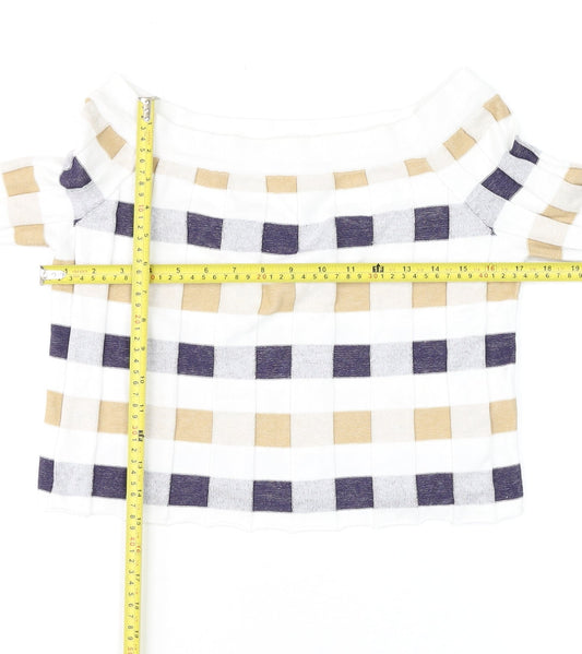 Marks and Spencer Women Beige Blue Check Off Shoulder Long Sleeve Knit Top Size 12