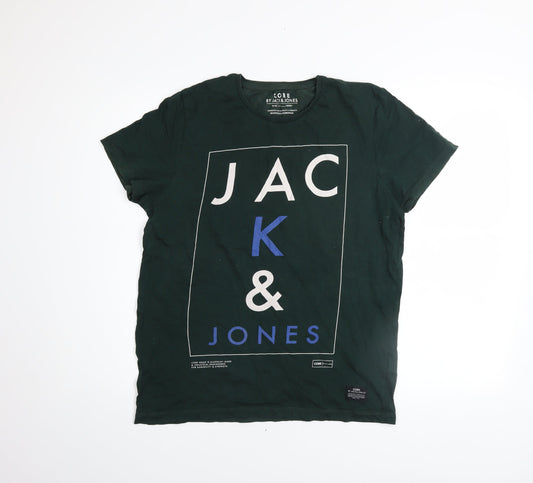 Jack & Jones Men's Green Cotton Graphic Logo T-Shirt Size L
