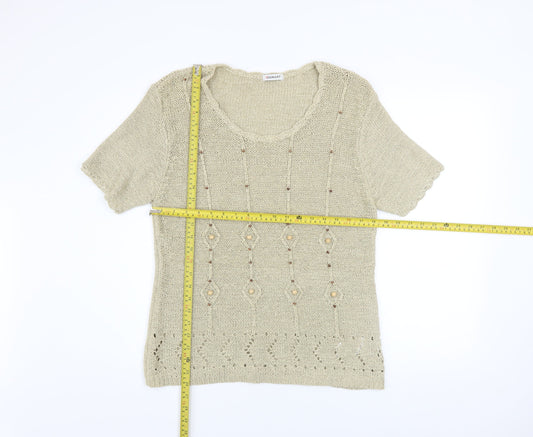 Damart Women’s Beige Knit Beaded Short Sleeve Blouse Size 18/20