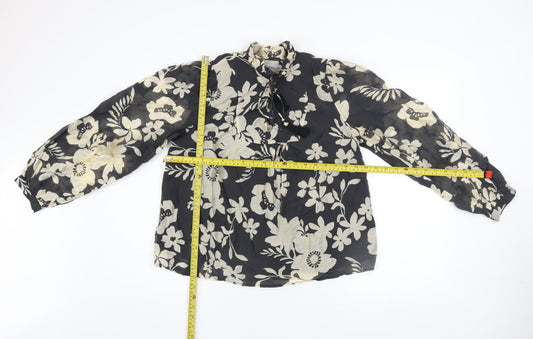 Gallery Women's Black Ivory Floral Long Sleeve Lyocell Blouse Size 12