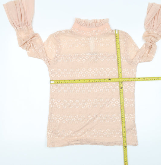 Guess Womens Beige Lace Flared Sleeve High Neck Blouse XL