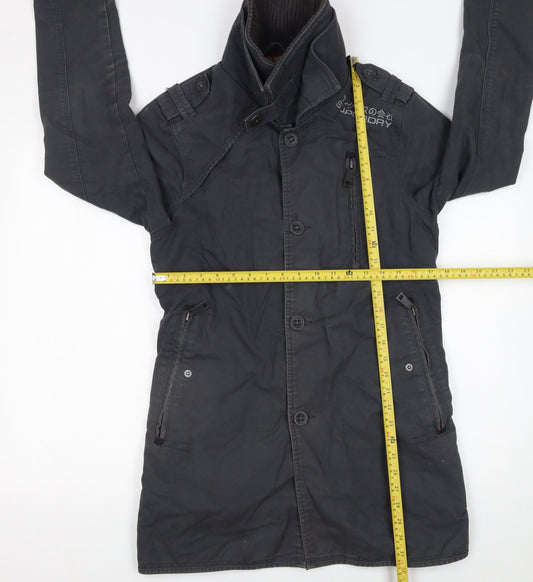 Superdry Men's Black Cotton Trench Coat Jacket S Military Style