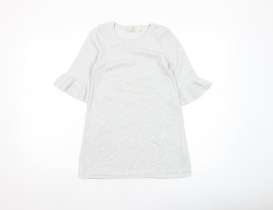 H&M Girls Silver Knit Ruffle Sleeve Shift Dress 7-8 Years