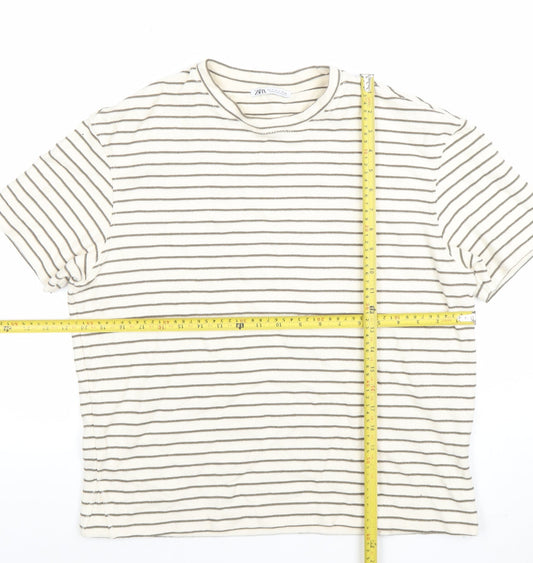 Zara Womens Ivory Striped Cotton Blend Short Sleeve T-Shirt S