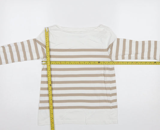 MNG Womens Beige Striped 3/4 Sleeve Boat Neck Cotton T-Shirt Size S