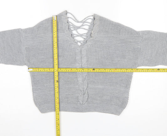 Miss Selfridge Women Grey V-Neck Cable-Knit Pullover Jumper Size 8