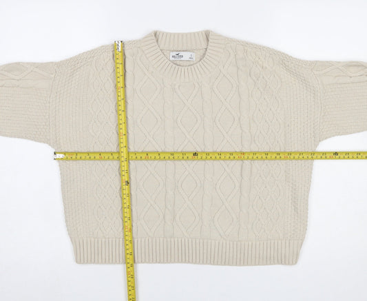 Hollister Womens Beige Cable-Knit Crew Neck Cotton Jumper Size S