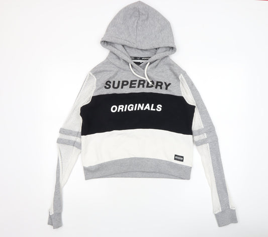 Superdry Womens Grey Black White Hooded Pullover Hoodie Medium