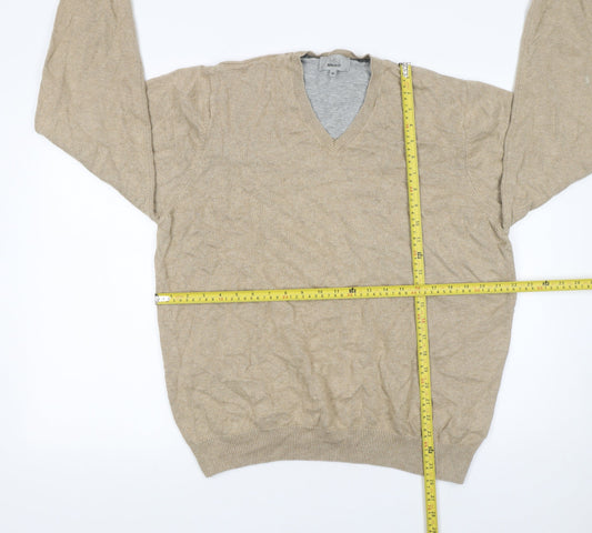 Marks and Spencer Men's Beige Cotton V-Neck Jumper XL Regular Fit