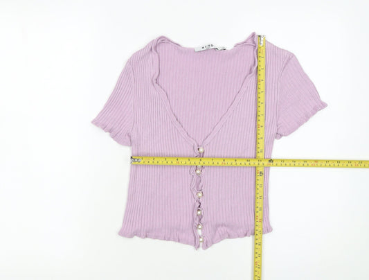 NA-KD Women's Purple Cropped Ribbed Button-Up Short Sleeve Top XS