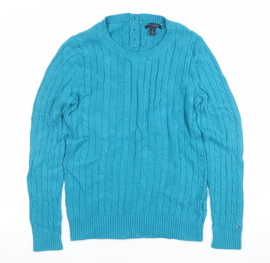 Tommy Hilfiger Women's Blue Cable-Knit Cotton Pullover Jumper Size L