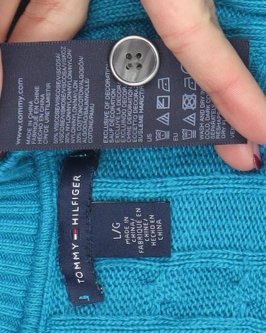 Tommy Hilfiger Women's Blue Cable-Knit Cotton Pullover Jumper Size L