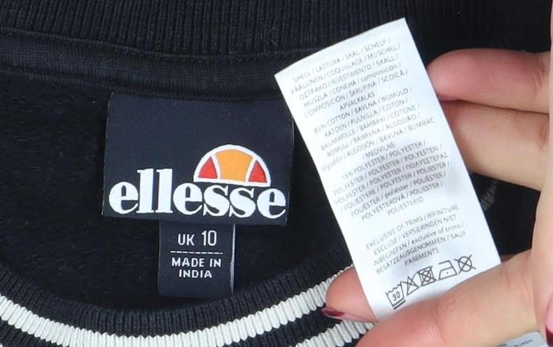 Brand and care label for Ellesse women’s black uk 10 crew neck pullover sweatshirt
