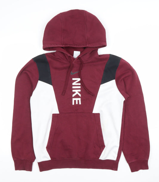 Nike Womens Burgundy Hoodie XS Pullover Colourblock Logo Cotton Blend