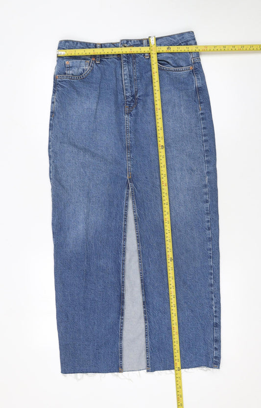 Stradivarius Women Blue Denim Midi Skirt UK 8 Straight Pencil Style