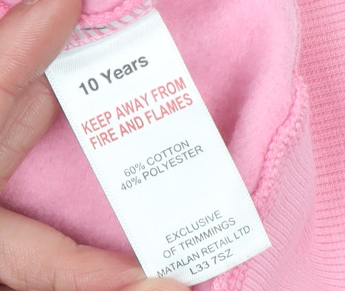 Brand and care label for Matalan girls’ pink graphic crew neck sweatshirt 10 years cotton blend