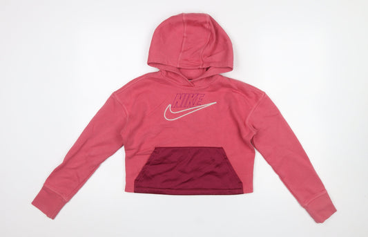 Nike Girls Pink Pullover Hoodie Size 146 Cotton Fleece Logo Graphic