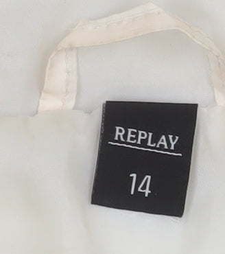 Brand and care label for Replay girls’ ivory & mauve hooded puffer jacket, size 14, years lined winter coat