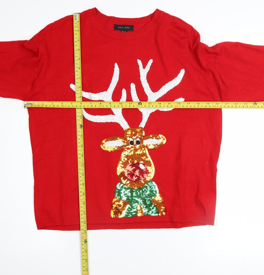 New Look Women's Red Sequin Reindeer Christmas Jumper Size S