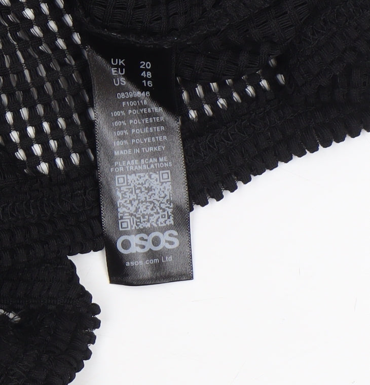 Brand and care label for ASOS Women Black Mesh High Neck Blouse, size 20, Short Sleeve