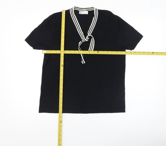 BHS Womens Black Short Sleeve V-Neck Bow Blouse Size 18