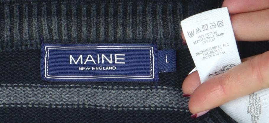Brand and care label for Maine New England Women's Black Striped Cotton Crew Neck Jumper, size L