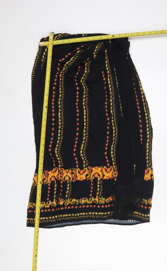 Whistles Womens Black Viscose Midi Skirt Size 10 Embroidered Bohemian Wrap Style