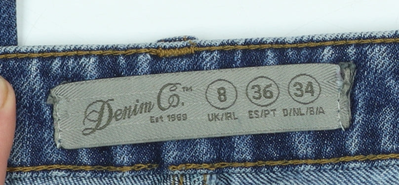 Brand and care label for Denim Co Women's Blue Distressed Skinny Jeans, size 8, UK