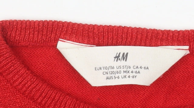 H&M Girls Red Bow Knit Shift Dress 5-6 Years Short Sleeve Cotton Blend