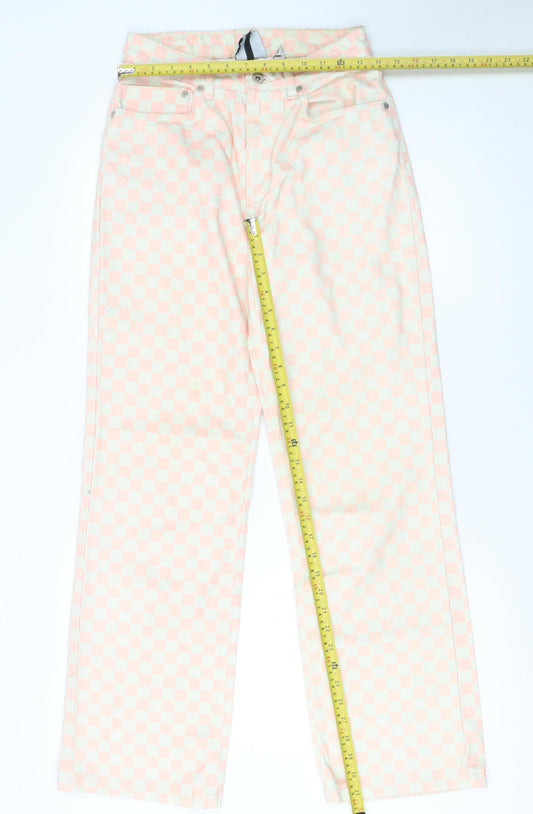 Ragged Jeans Women Pink Check Straight High Waist Cotton Denim 26