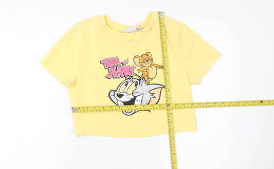 Tom and Jerry Women's Yellow Cropped T-Shirt M Crew Neck Cotton