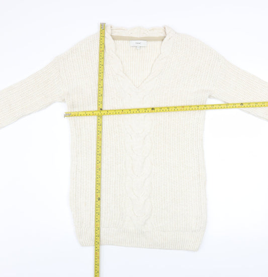 Next Women Ivory Cable-Knit V-Neck Long Sleeve Jumper Size 10
