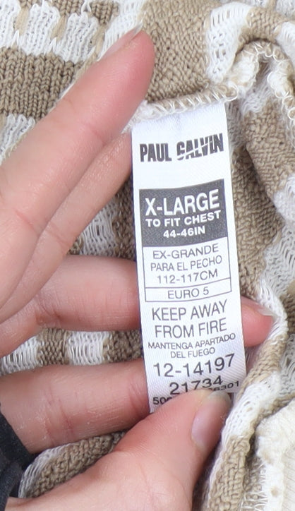 Paul Calvin Men's Beige Striped Polo Shirt XL Short Sleeve Knit