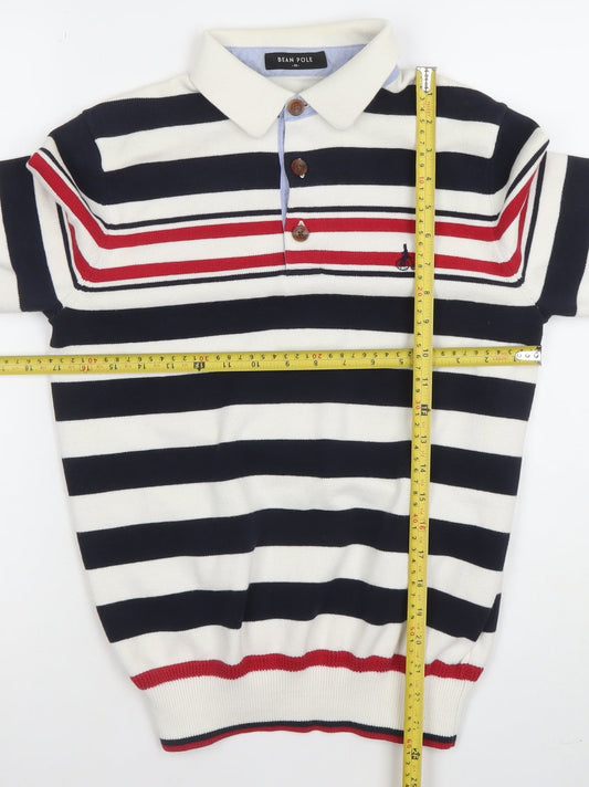 Bean Pole Boys Navy Stripe Collared Henley Jumper Size M Cotton Blend