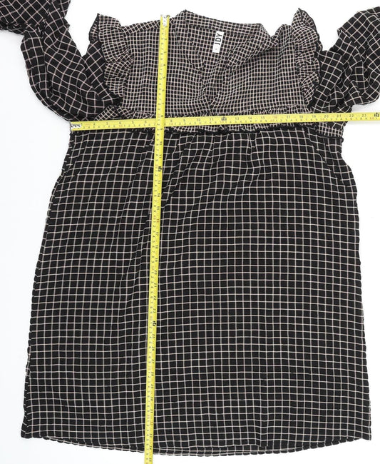 JDY Womens Black Check Ruffle Long Sleeve Tunic Blouse Size 12