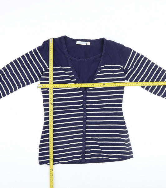 JoJo Maman Bébé Women’s Blue Striped V-Neck Button-Up Long Sleeve Top Size S