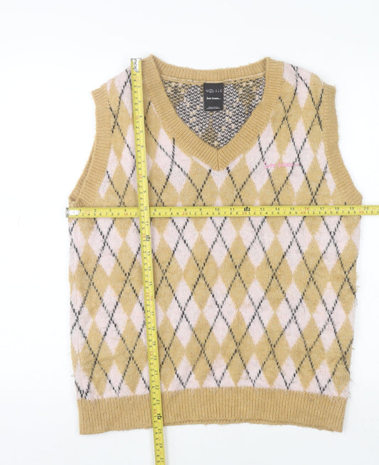 iets frans Unisex Beige Argyle Knit V-Neck Sleeveless Vest XS