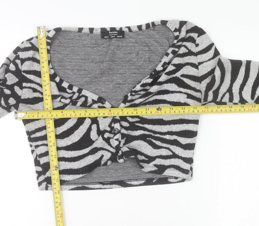 Bershka Women’s Grey Zebra Print Cropped Long Sleeve V-Neck Top Size S
