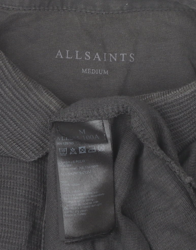 AllSaints Men's Black Long Sleeve Cotton Polo Shirt Size M Slim Fit