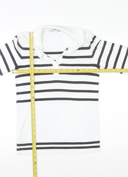 Next Women White Black Striped Collared Short Sleeve Stretch T-Shirt Size 6