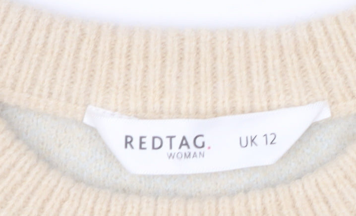 Brand and care label for Redtag Woman Beige Blue Houndstooth Crew Neck Jumper UK 12