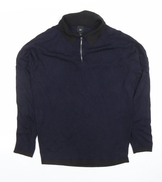 River Island Men's Blue Long Sleeve 1/4 Zip Knit Polo Shirt Size M