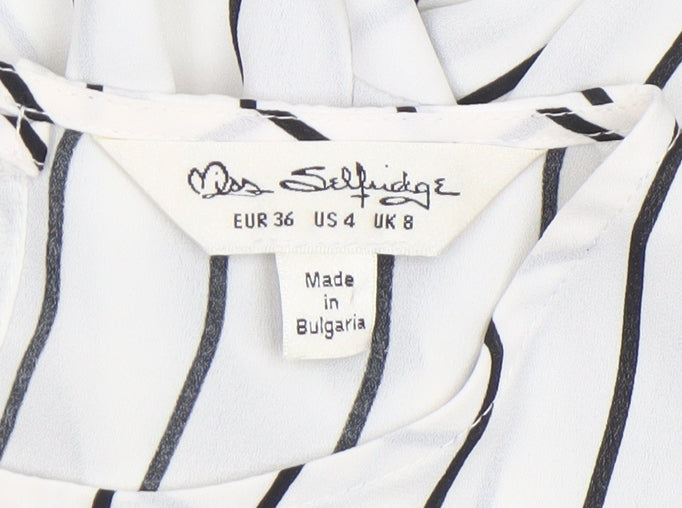 Brand and care label for Miss Selfridge Women’s White Striped Long Sleeve Tunic Blouse, size UK 8