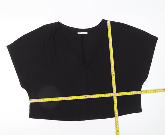 Zara Women Black Cropped V-Neck Jersey T-Shirt Size L
