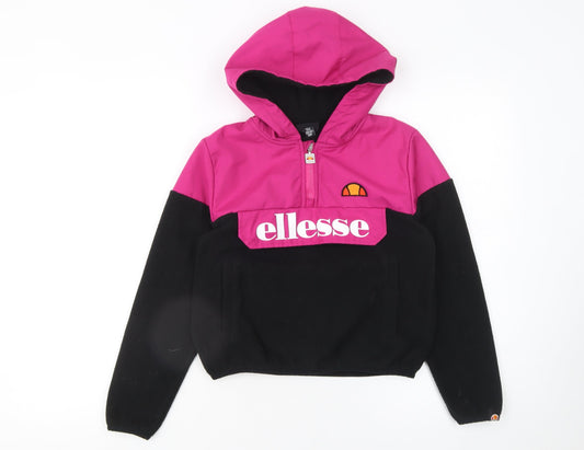 Ellesse Girls Pink Black Colourblock Fleece Hoodie 8 Years 1/4 Zip Logo Pullover