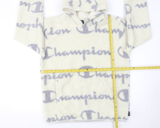 Champion Men's Ivory Fleece Pullover Hoodie Size L Logo Print