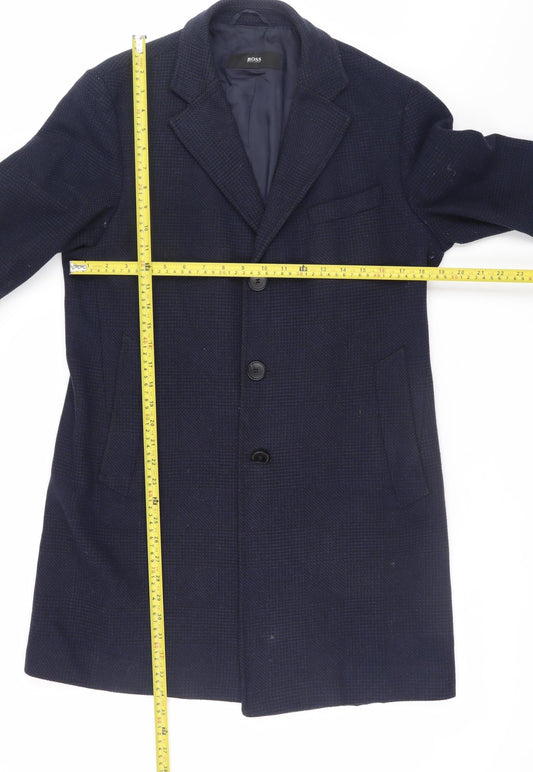 Hugo Boss Men's Blue Wool Blend Long Overcoat Size 46 Regular