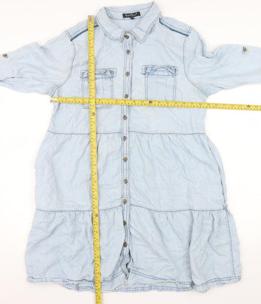 Velvet Heart Womens Blue Tencel Shirt Dress L Button Collared Casual