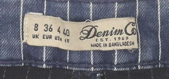 Brand and care label for Denim Co women’s blue striped high waist denim shorts, size UK 8